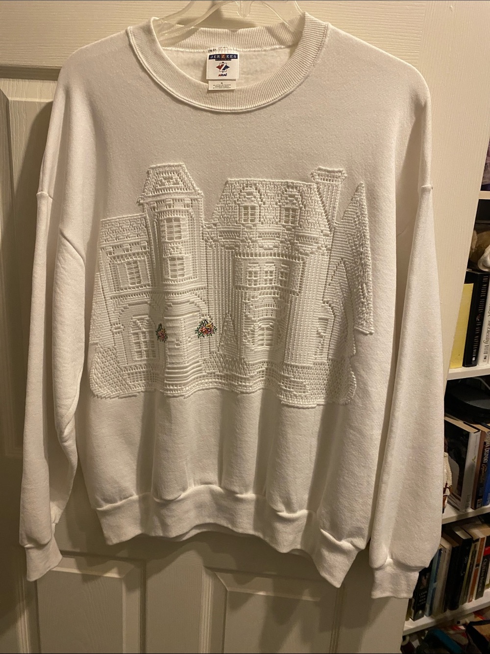 White Embroidered House Crewneck Sweater